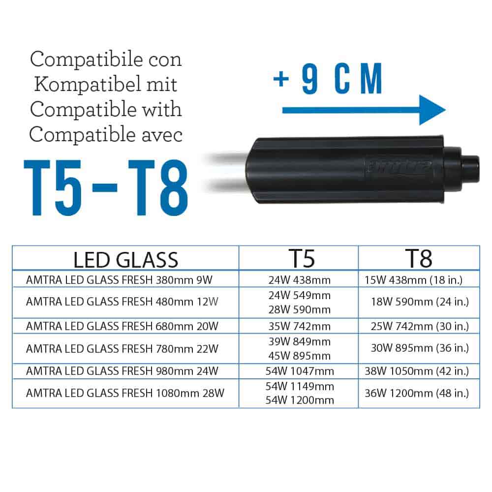 Amtra Led Glass Fresh Lampada a Led Regolabile con Dimmer e Timer inclusi 380mm 9W (T5 24W T8 15W)